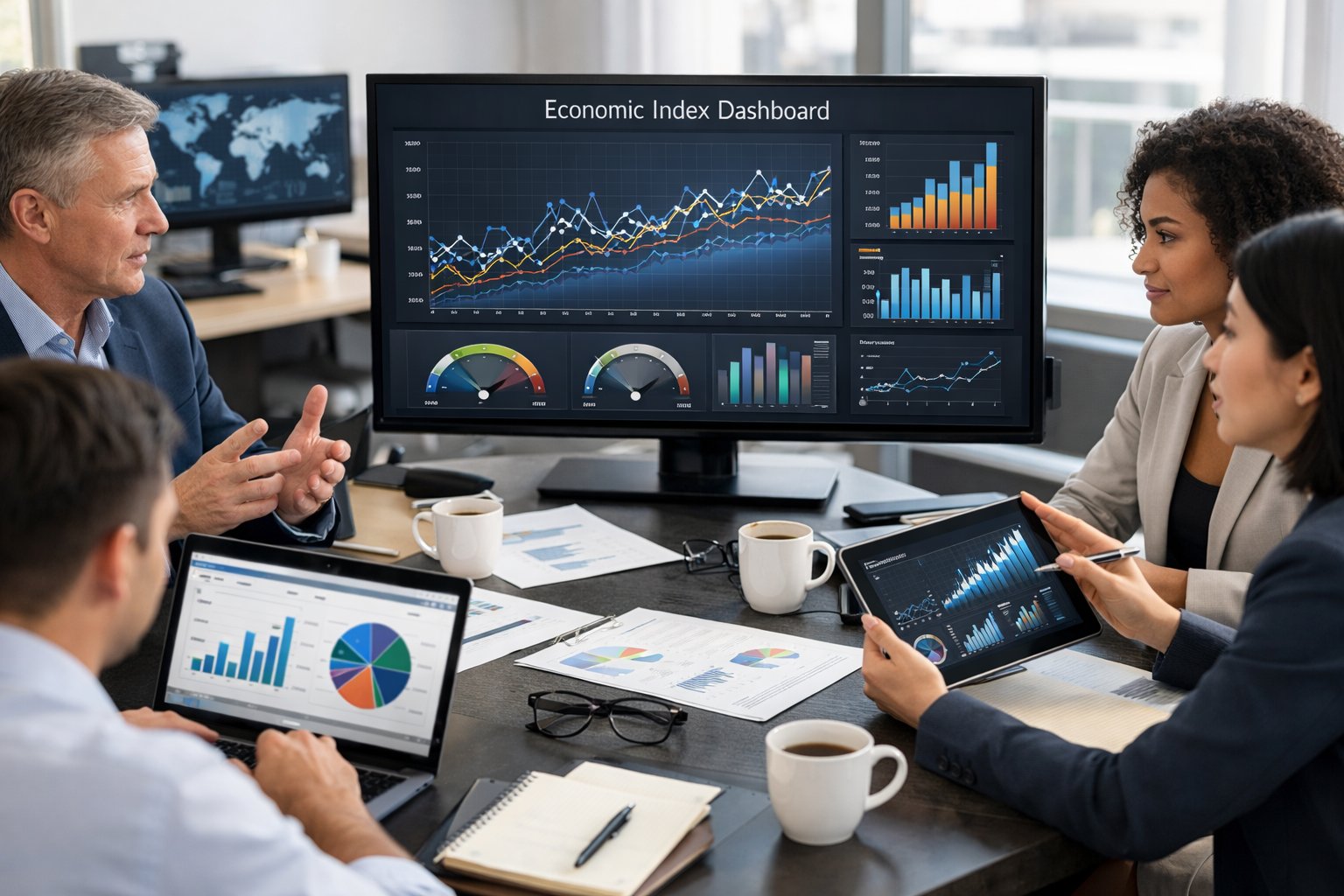 Des professionnels en réunion autour d'une table avec des ordinateurs et des graphiques économiques affichés sur des écrans.