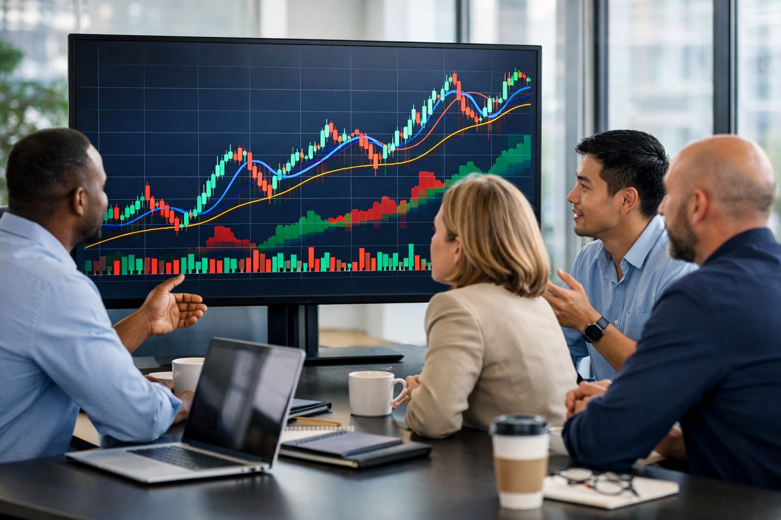 Des professionnels analysant un graphique d'évolution d'indice économique sur un écran dans une salle de réunion moderne.