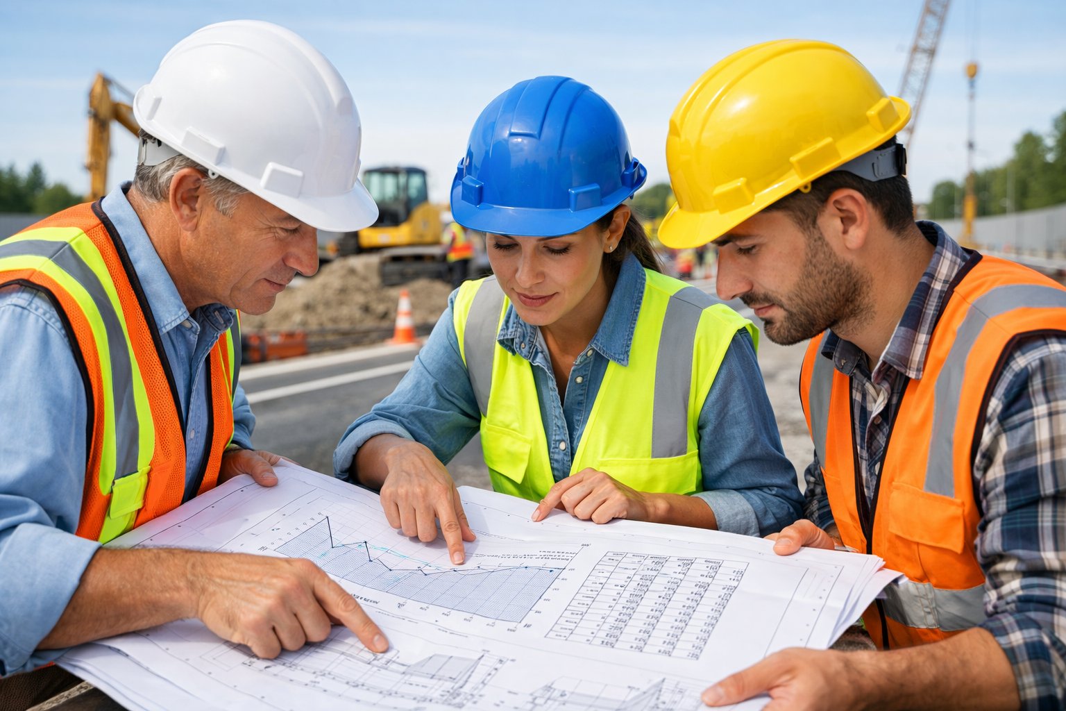 Des ouvriers du bâtiment en casques et gilets de sécurité examinent des plans sur un chantier de travaux publics avec des machines en arrière-plan.