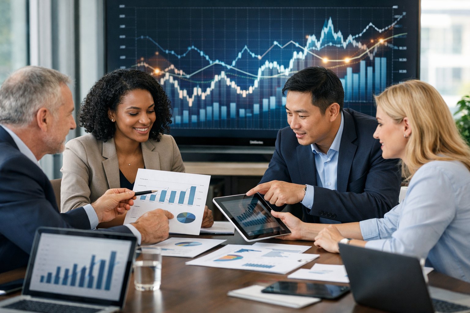 Des professionnels en réunion dans un bureau moderne, analysant des graphiques financiers sur un écran numérique.