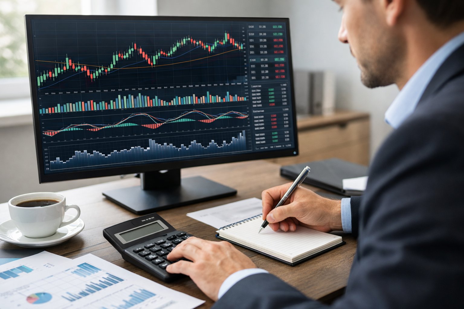 Un professionnel en bureau moderne analyse des données financières sur un écran d’ordinateur avec des graphiques et utilise une calculatrice tout en prenant des notes.