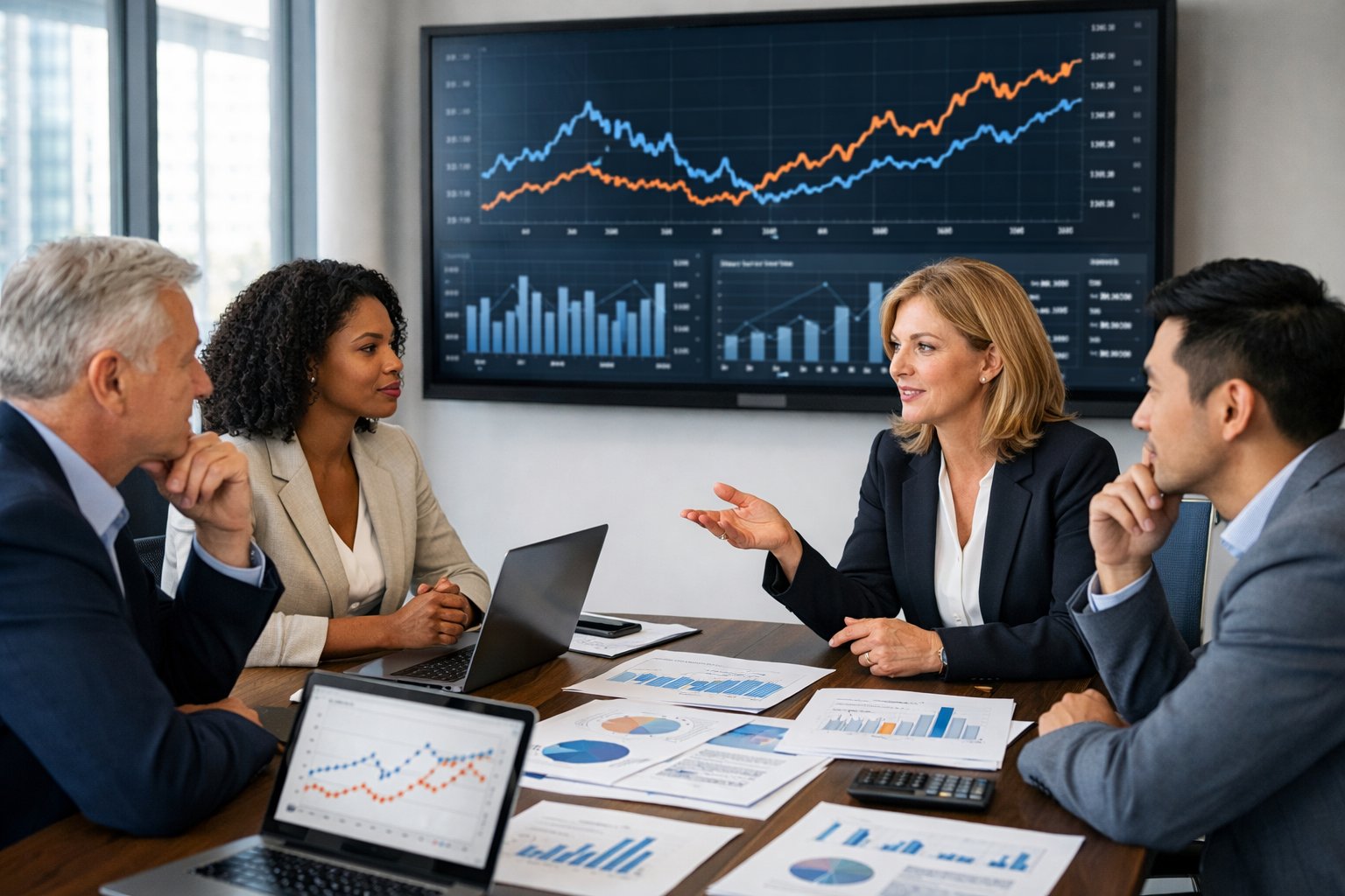Des professionnels en réunion dans un bureau moderne, examinant des graphiques et des documents financiers autour d'une table.