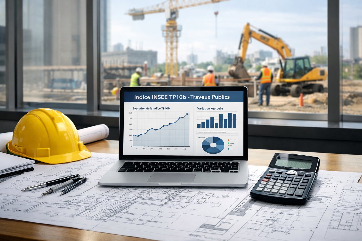 Un bureau d'ingénierie civile avec des plans, un ordinateur affichant des graphiques, et un chantier de construction visible par une fenêtre.