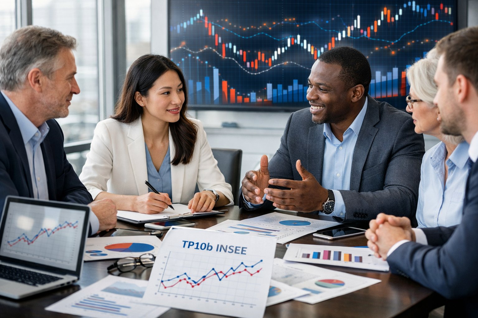 Des professionnels en réunion autour d'une table avec des ordinateurs et des graphiques, discutant de données économiques dans un bureau lumineux.