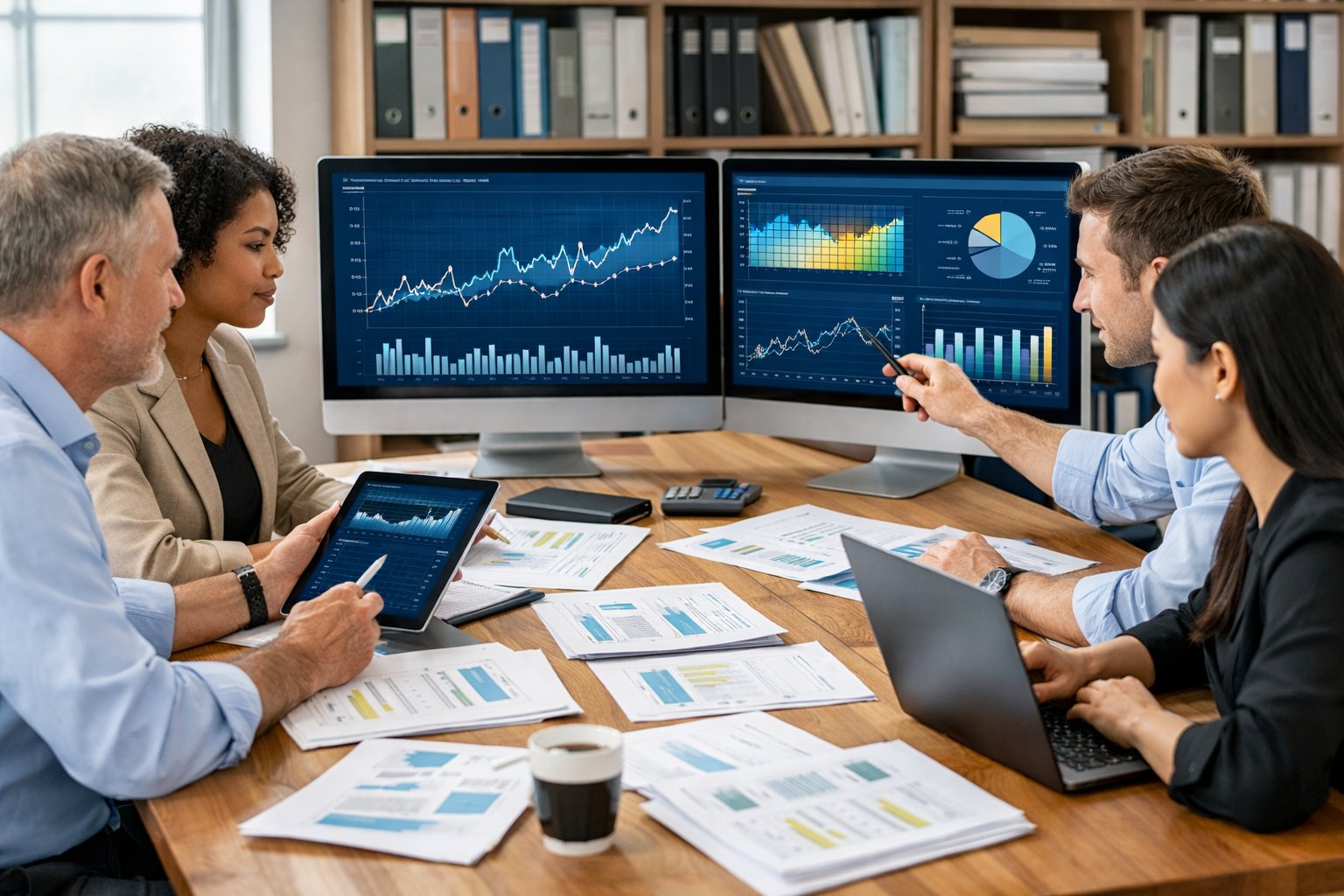 Des professionnels analysent des données économiques sur des ordinateurs portables et des documents dans un bureau moderne.