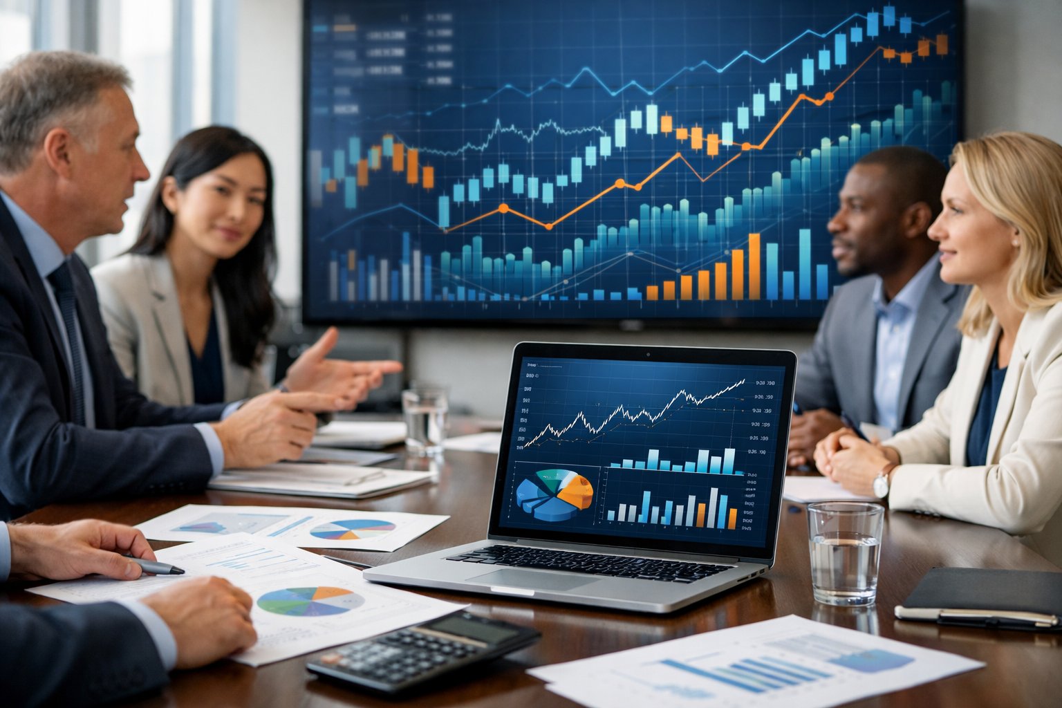 Des professionnels en réunion autour d'une table avec des graphiques financiers affichés sur un écran en arrière-plan.