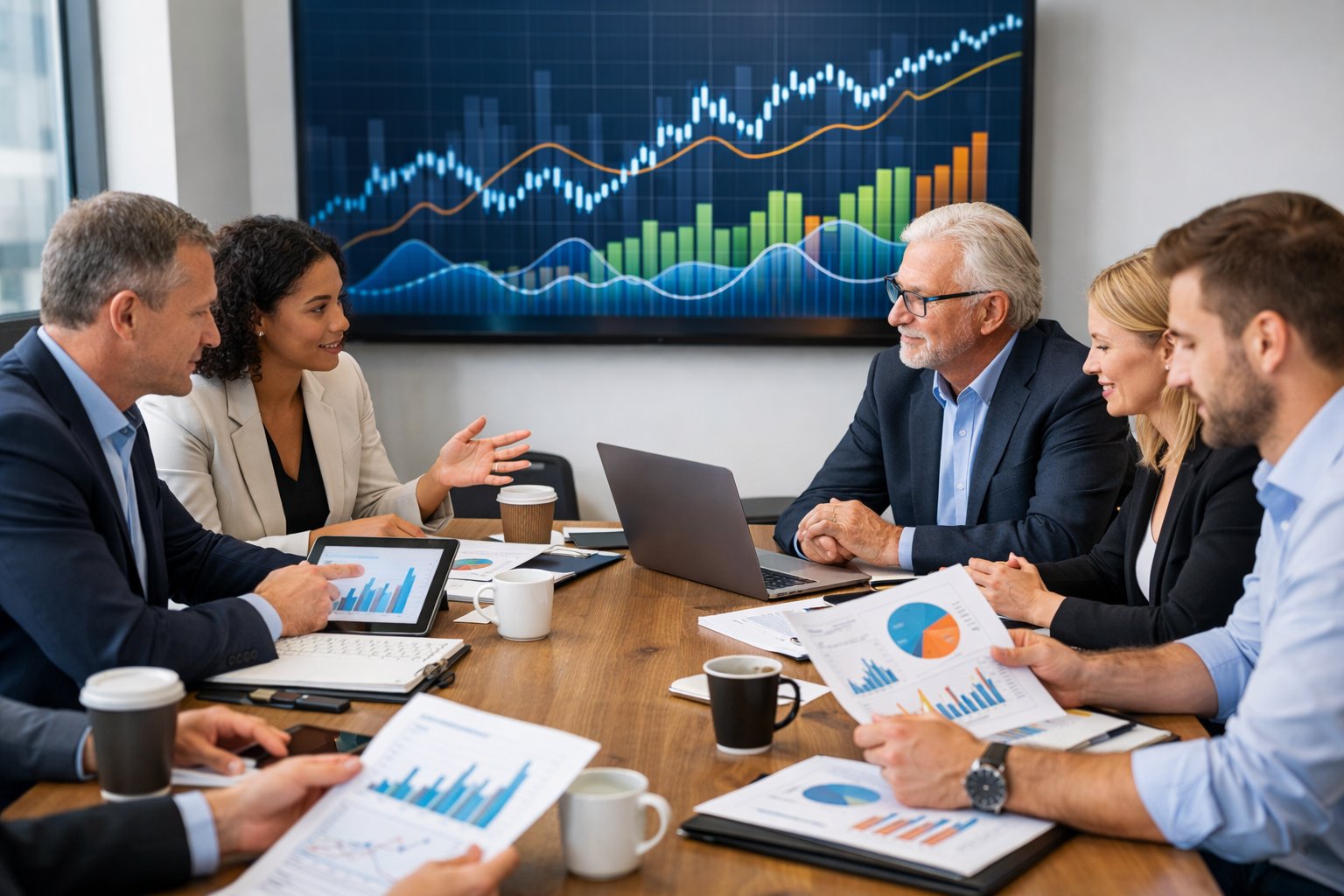 Des professionnels en réunion dans un bureau moderne, analysant des graphiques financiers sur des écrans et des documents.