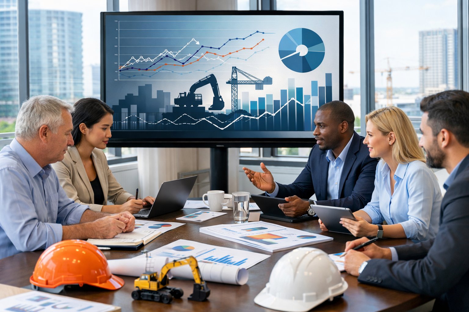 Des professionnels en réunion dans un bureau moderne, analysant des graphiques et des données liés aux travaux publics.