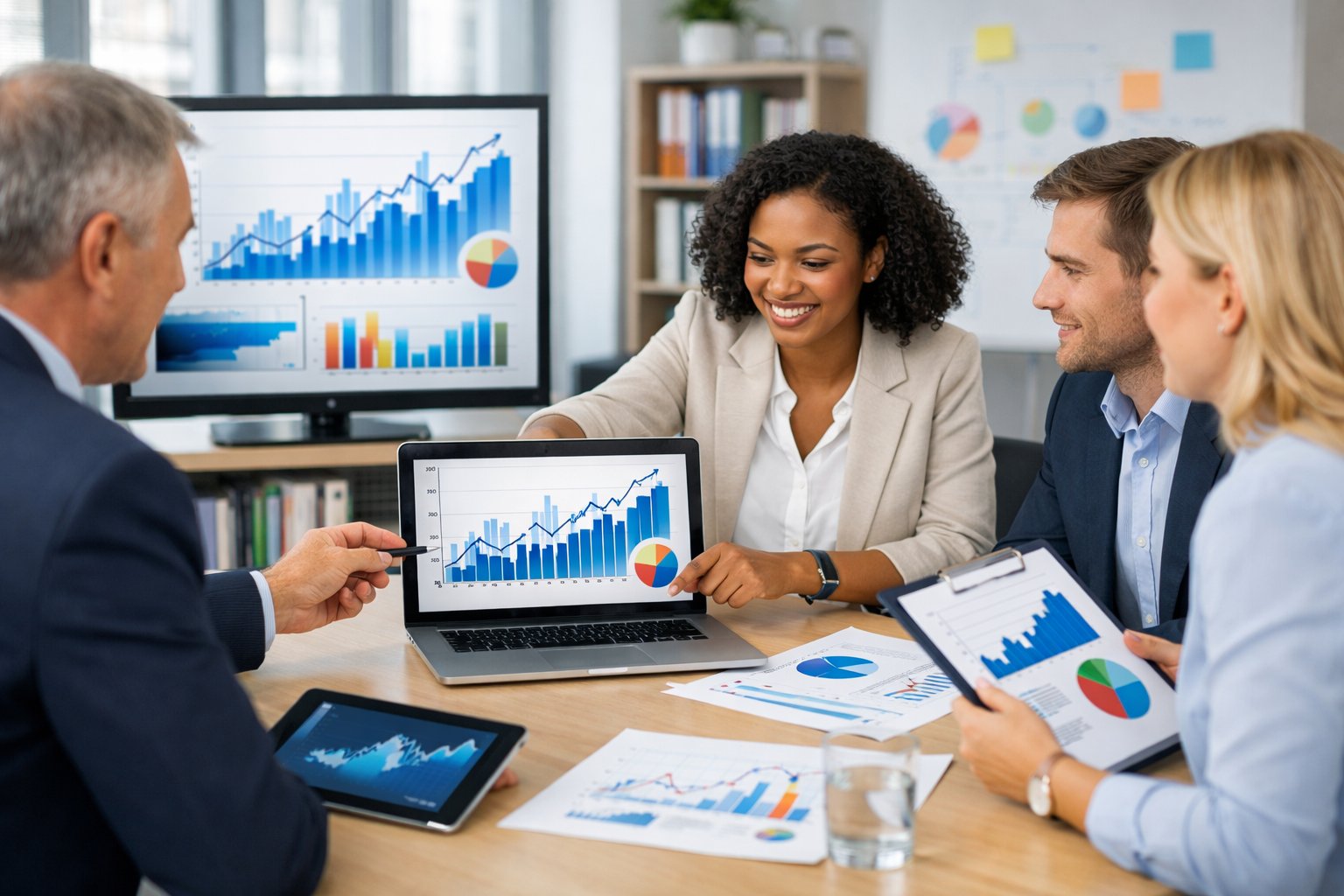 Un groupe de professionnels en réunion autour d'une table de conférence avec des graphiques et des appareils électroniques dans un bureau lumineux.