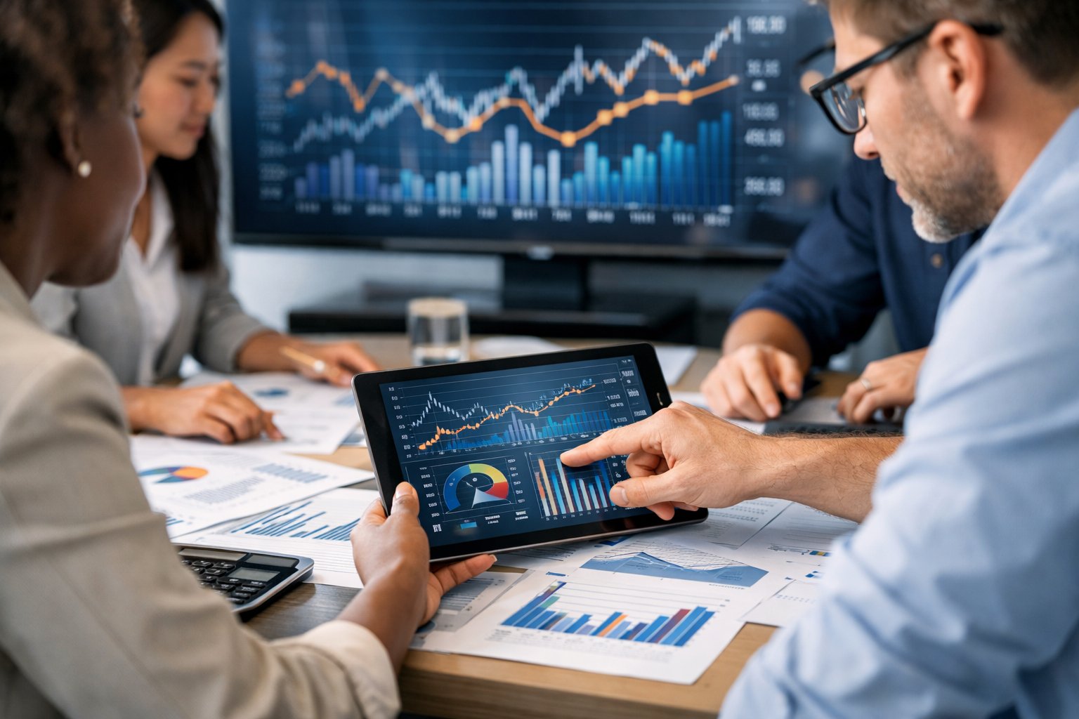 Un groupe de professionnels collaborant autour d'une table avec des graphiques et des documents financiers dans un bureau moderne.