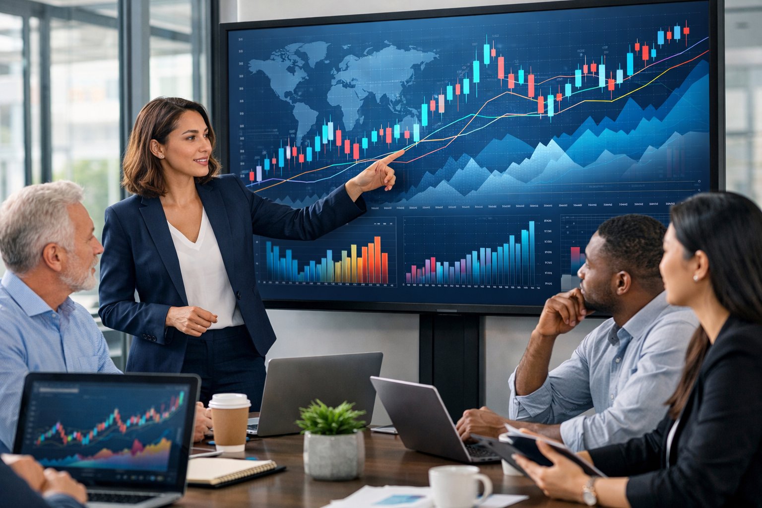 Des professionnels en bureau moderne analysant des graphiques économiques sur un grand écran numérique, en train de collaborer et discuter.