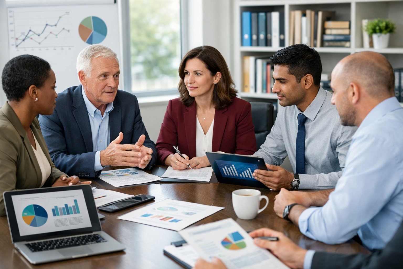 Un groupe de professionnels en réunion autour d'une table de conférence, discutant de documents et de données dans un bureau lumineux.