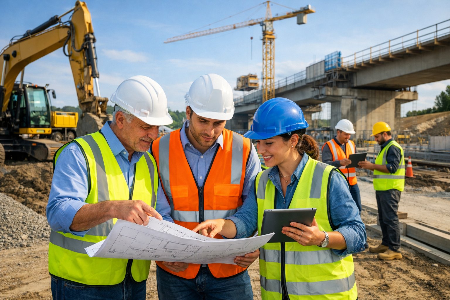 Un chantier de travaux publics avec des ouvriers et des ingénieurs en casques de sécurité examinant des plans, entourés de machines de construction en activité.