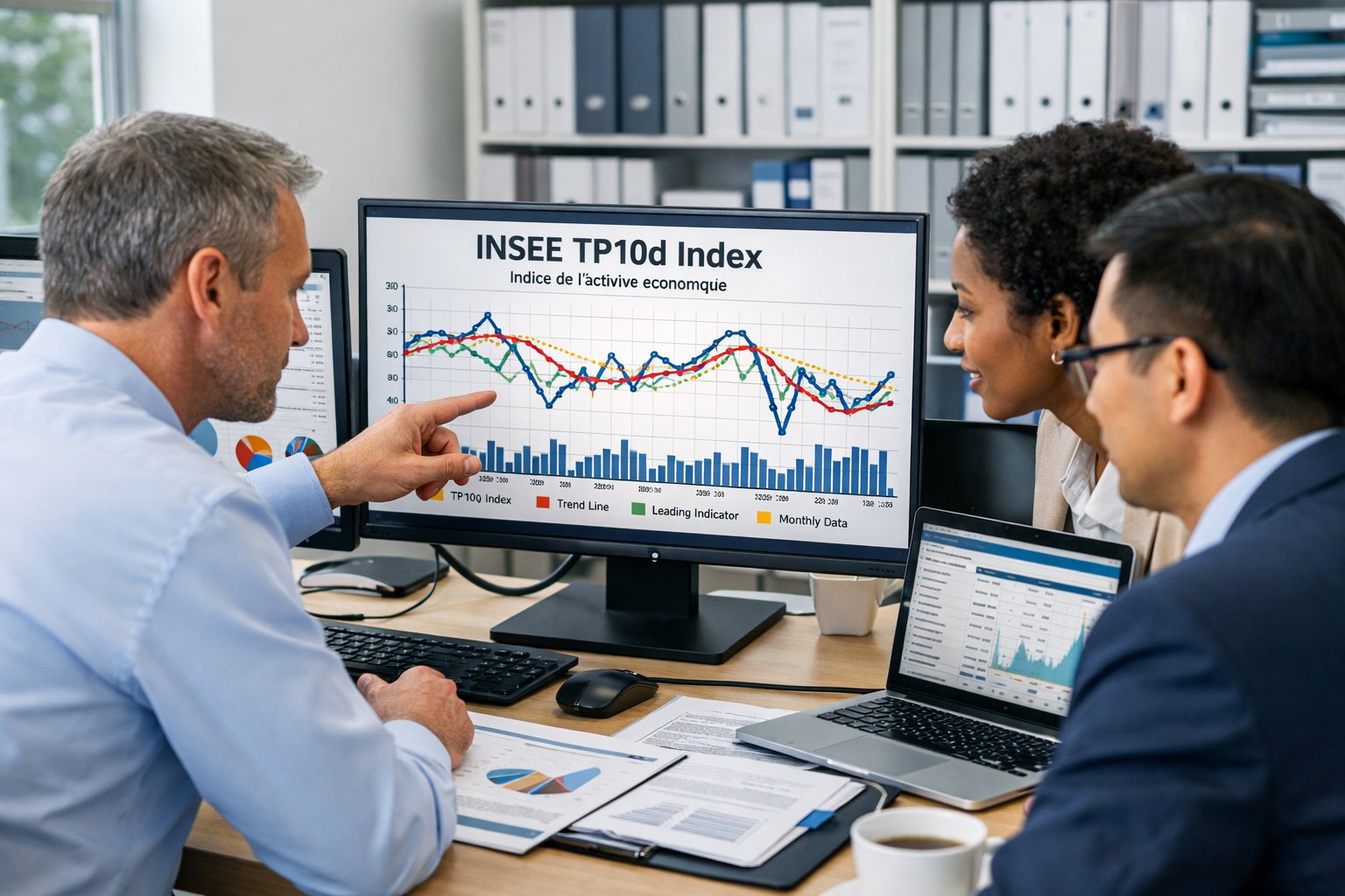 Des professionnels en bureau collaborant autour d'un écran affichant des graphiques économiques.