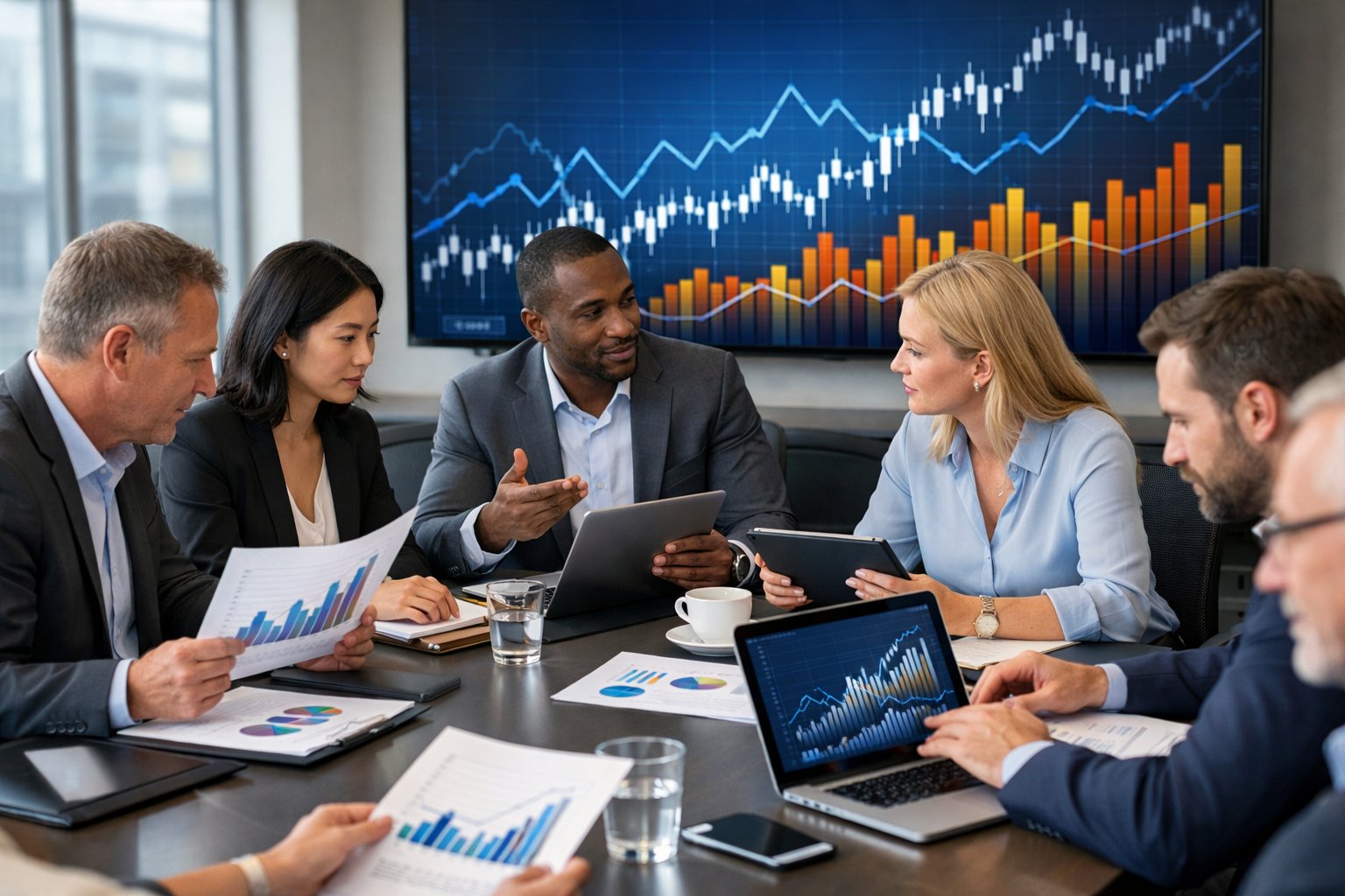 Un groupe de professionnels en réunion autour d'une table avec des ordinateurs et des graphiques financiers affichés sur un écran en arrière-plan.