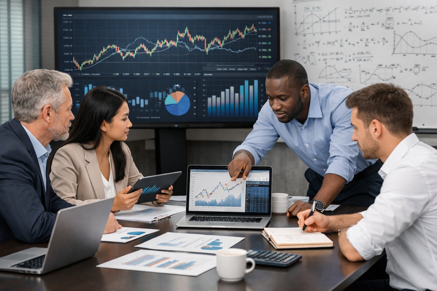 Des professionnels en réunion autour d'une table avec des ordinateurs et des graphiques économiques affichés sur des écrans.