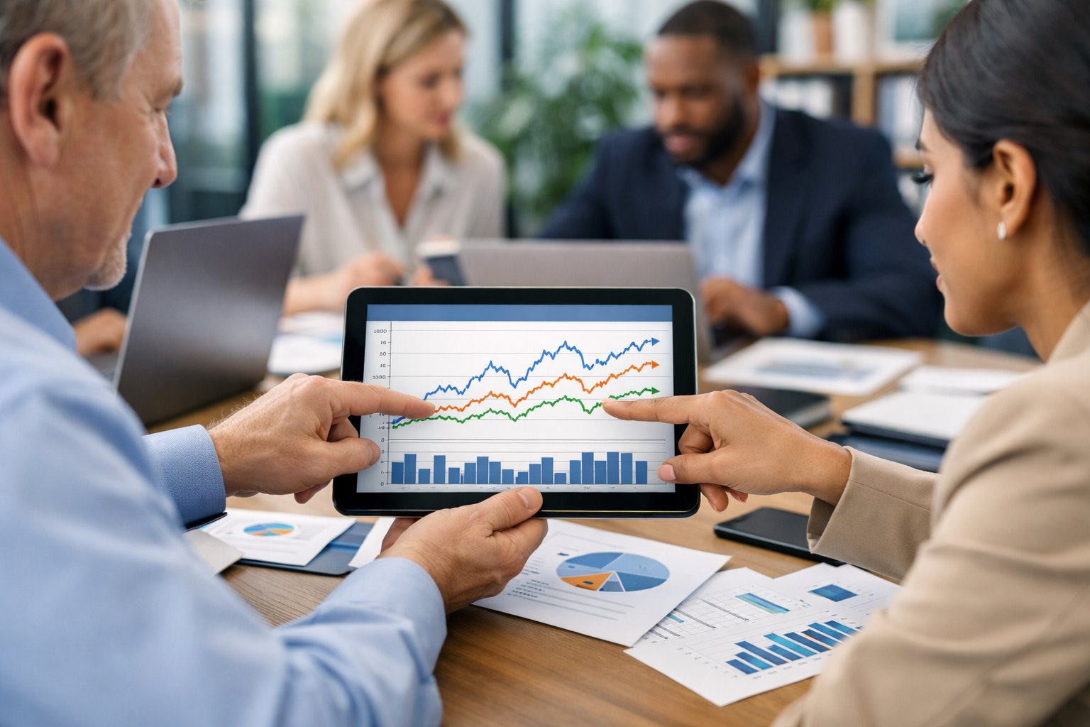 Un groupe de professionnels en réunion autour d'une table avec des ordinateurs portables et des graphiques financiers, discutant de données économiques.