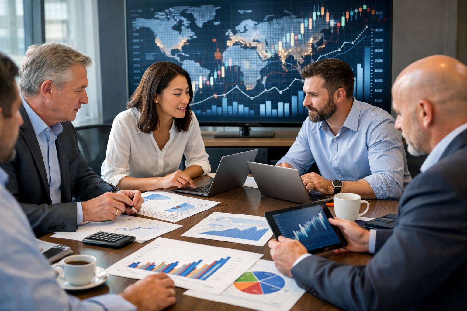 Un groupe de professionnels en réunion autour d'une table avec des graphiques financiers et des appareils électroniques dans un bureau moderne.