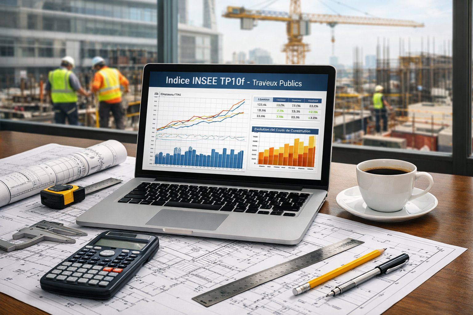 Un bureau moderne avec un ordinateur portable affichant des graphiques, des plans techniques, et un chantier de construction visible par la fenêtre.