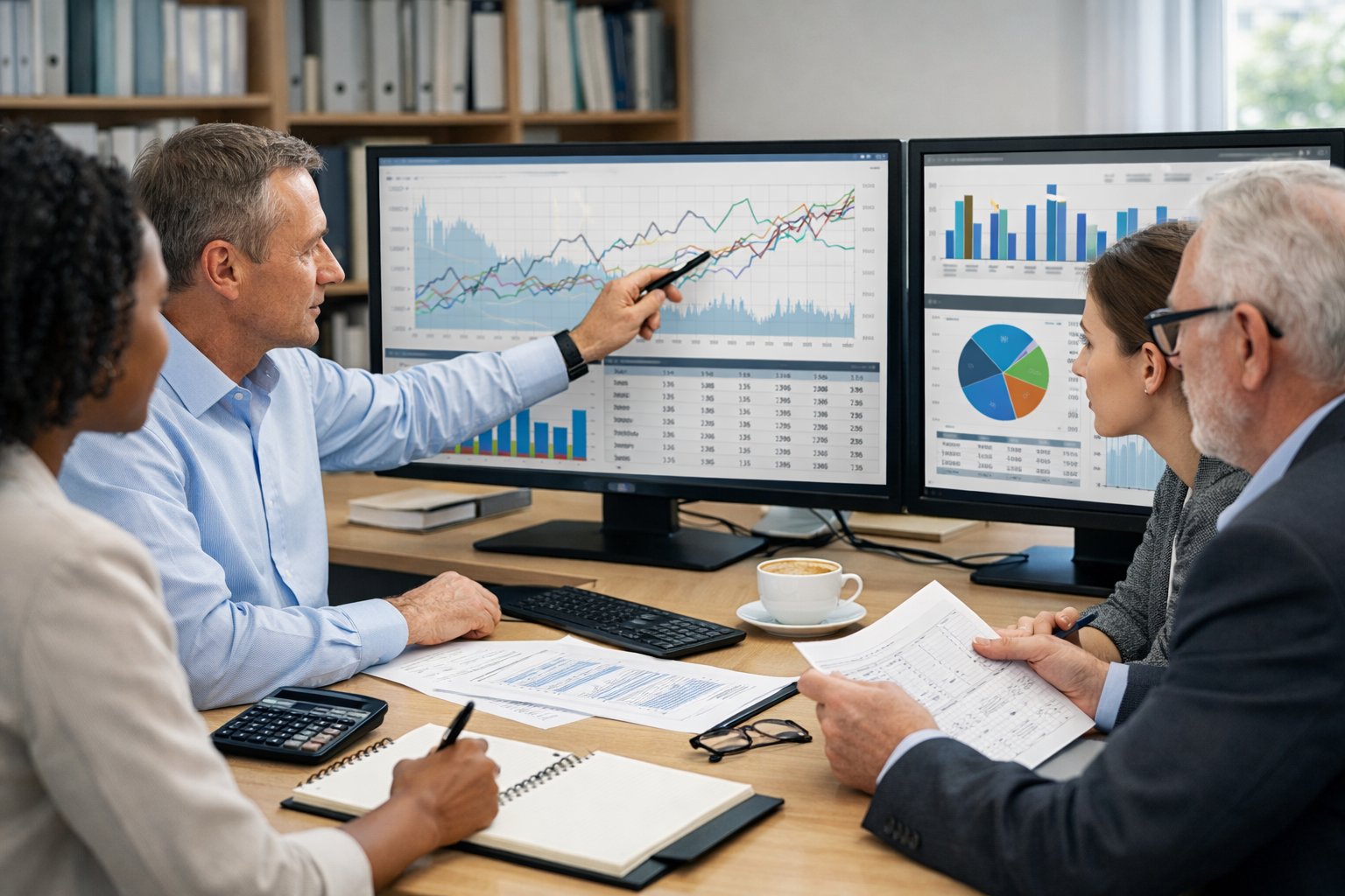 Des professionnels en bureau analysant des graphiques et des données économiques sur plusieurs écrans d'ordinateur.