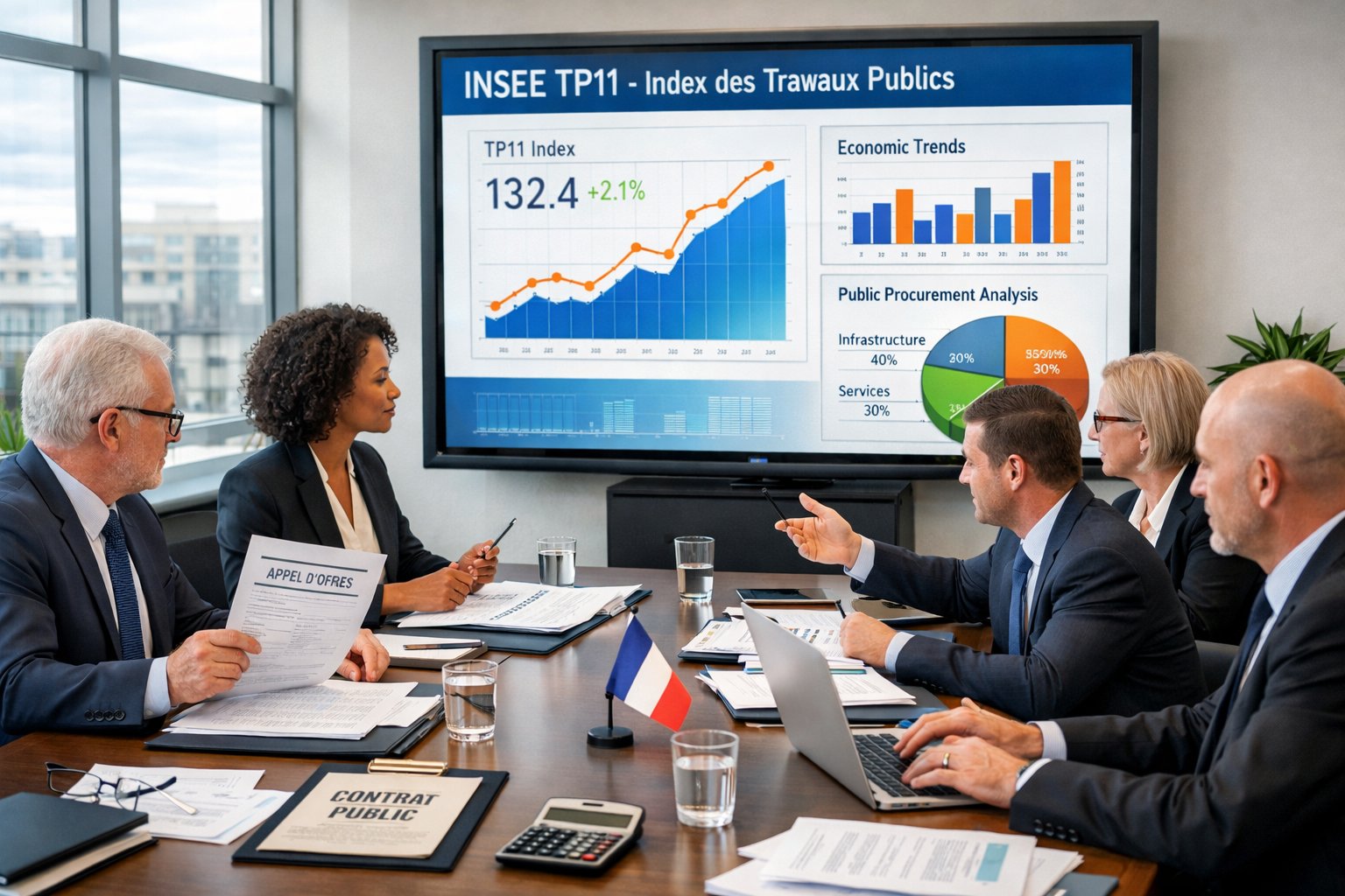 Des professionnels en réunion autour d'une table de conférence analysant des graphiques économiques dans un bureau moderne.