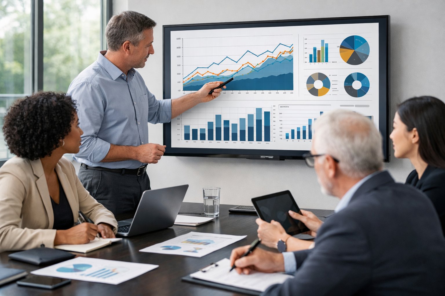 Un groupe de professionnels en réunion autour d'une table dans un bureau moderne, analysant des graphiques et des données économiques affichés sur un écran numérique.