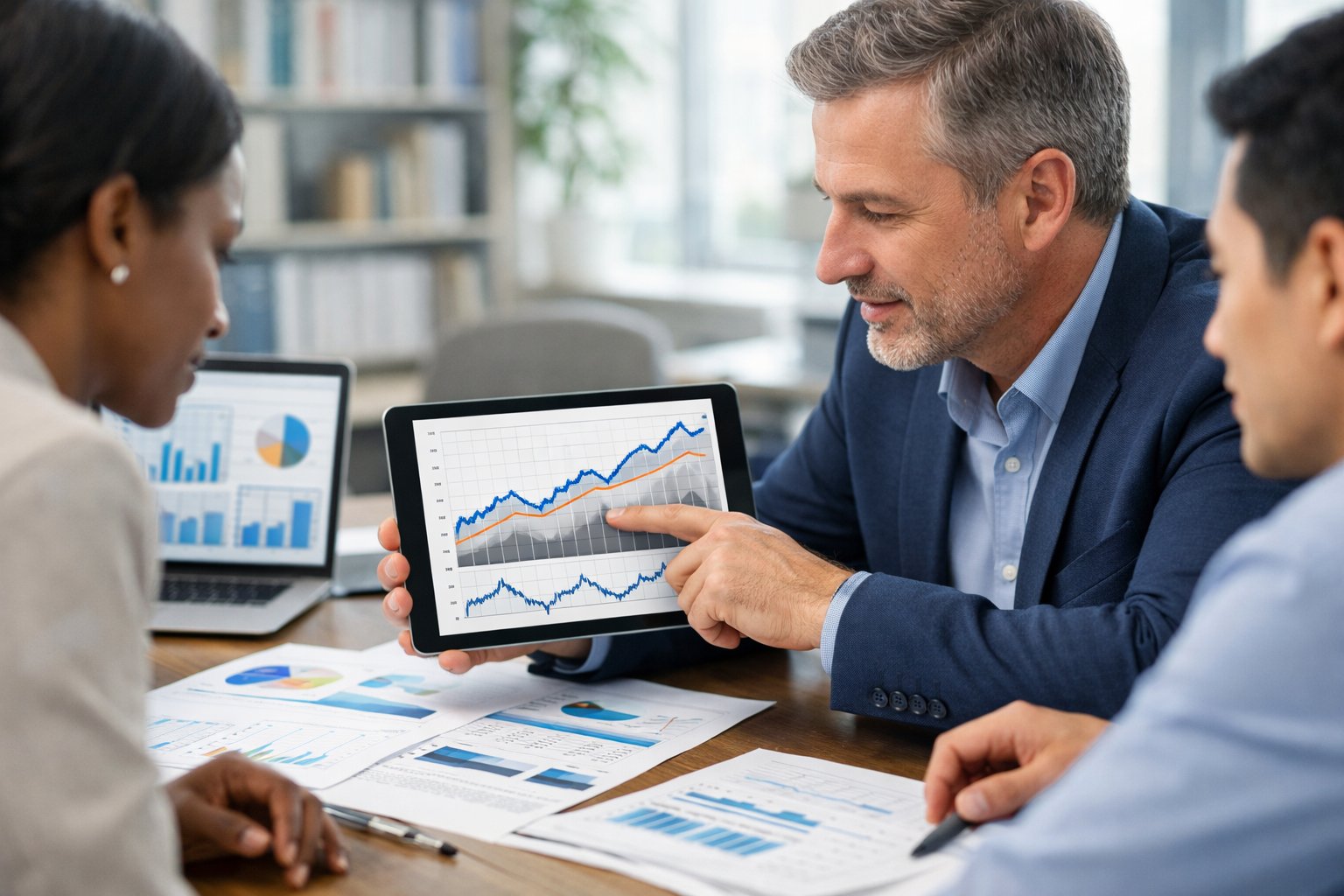 Un groupe de professionnels en réunion autour d'une table avec des documents et un ordinateur montrant des graphiques statistiques.