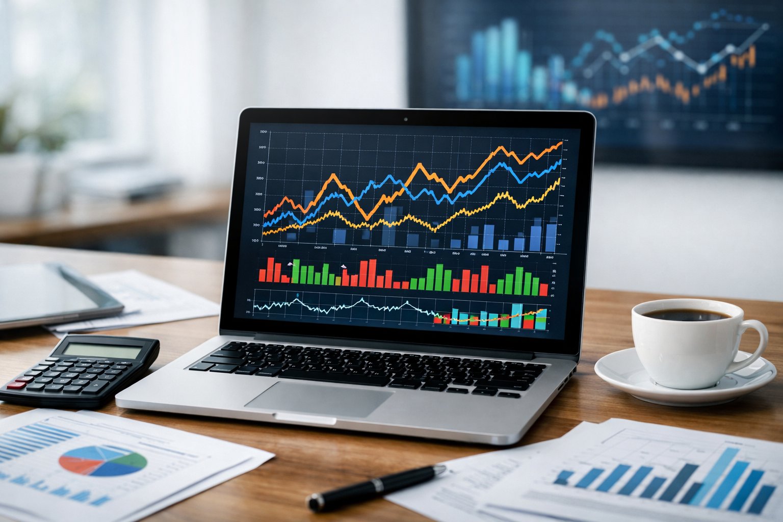Un espace de travail moderne avec un ordinateur portable affichant des graphiques économiques colorés, entouré de documents et d'une calculatrice, dans un bureau lumineux.
