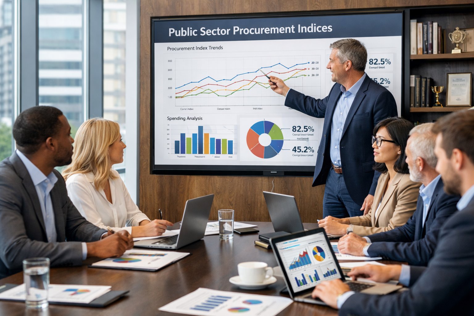 Des professionnels en réunion autour d'une table de conférence avec des ordinateurs et des graphiques affichés sur un écran, travaillant sur des données liées aux achats publics.