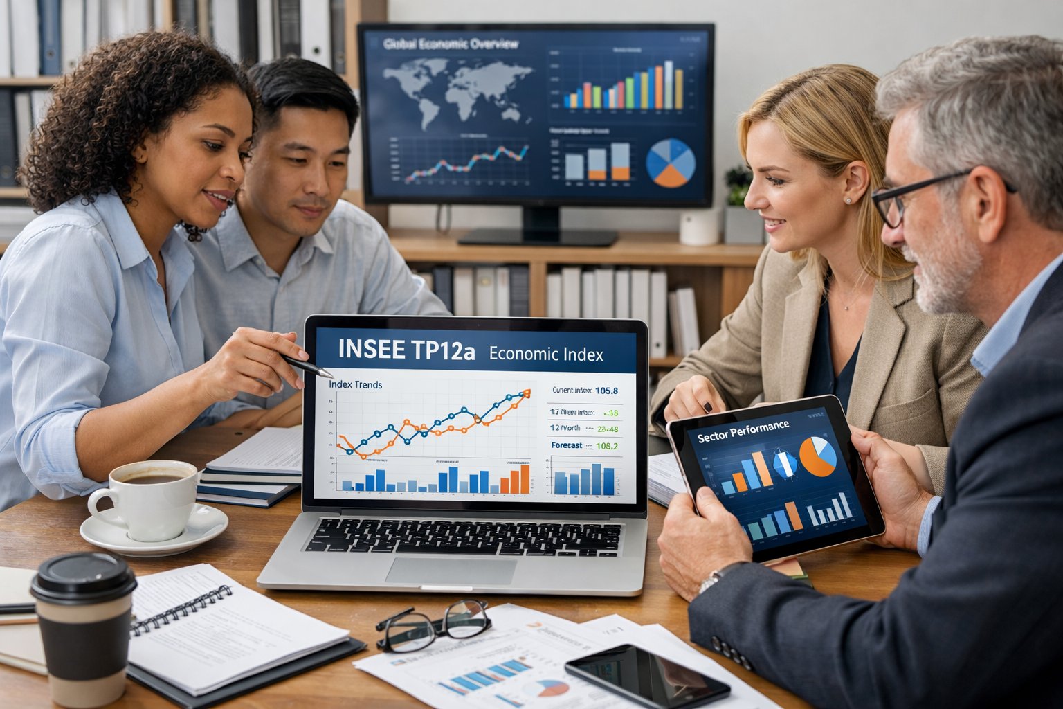 Des professionnels travaillant ensemble autour d'un bureau avec des ordinateurs affichant des graphiques et des données économiques.