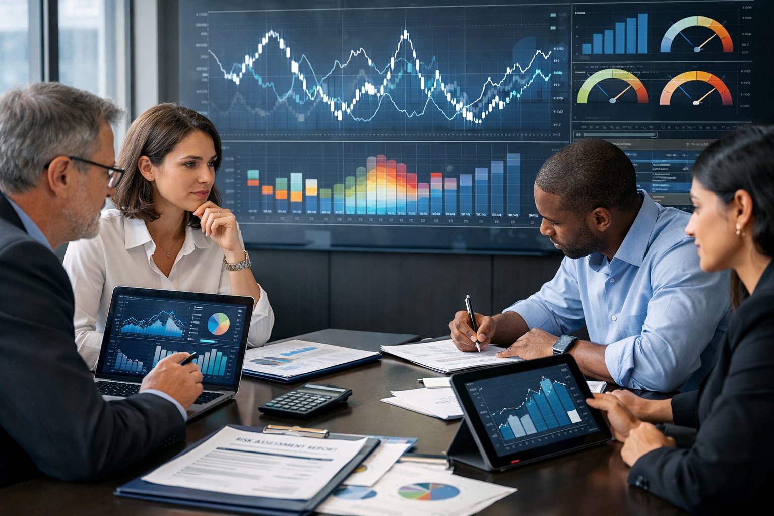 Un groupe de professionnels en réunion autour d'une table avec des ordinateurs et des graphiques économiques affichés sur un écran en arrière-plan.