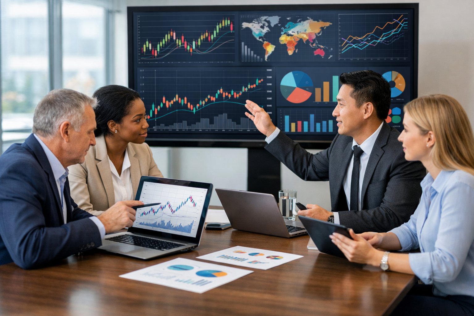 Des professionnels en réunion dans un bureau moderne, analysant des graphiques et des données économiques sur des écrans numériques.