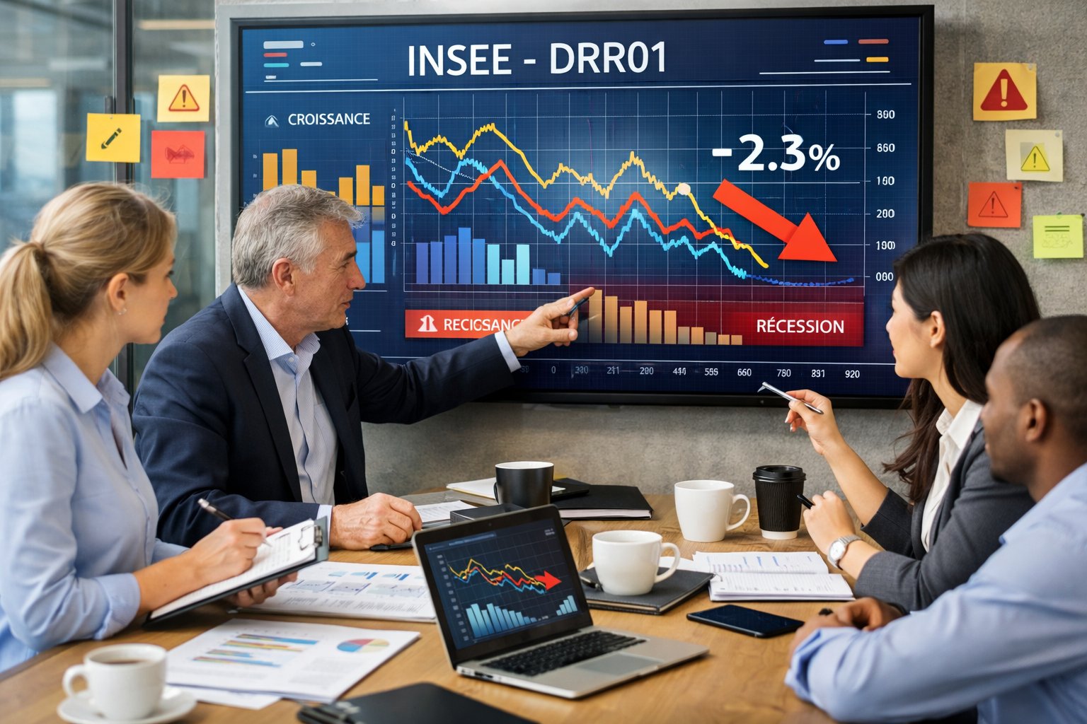 Des professionnels en réunion autour d’un écran affichant des graphiques économiques, en train de discuter et d’analyser des données.