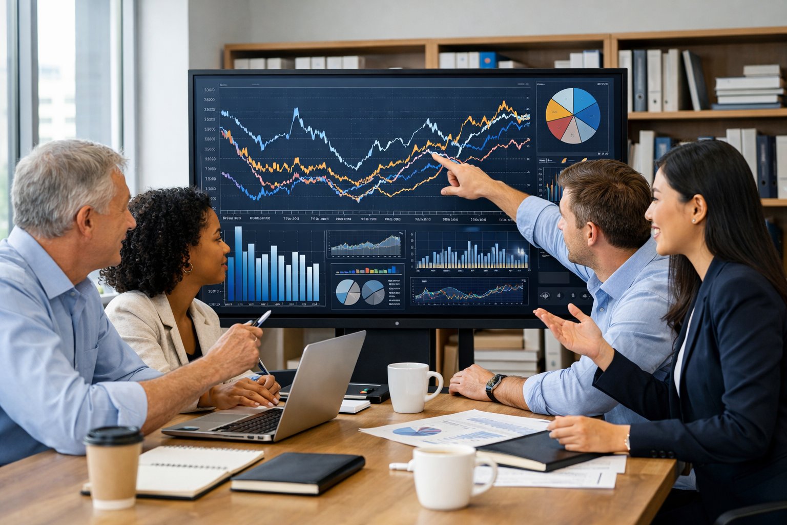 Des professionnels en réunion autour d'un écran affichant des graphiques économiques dans un bureau lumineux.