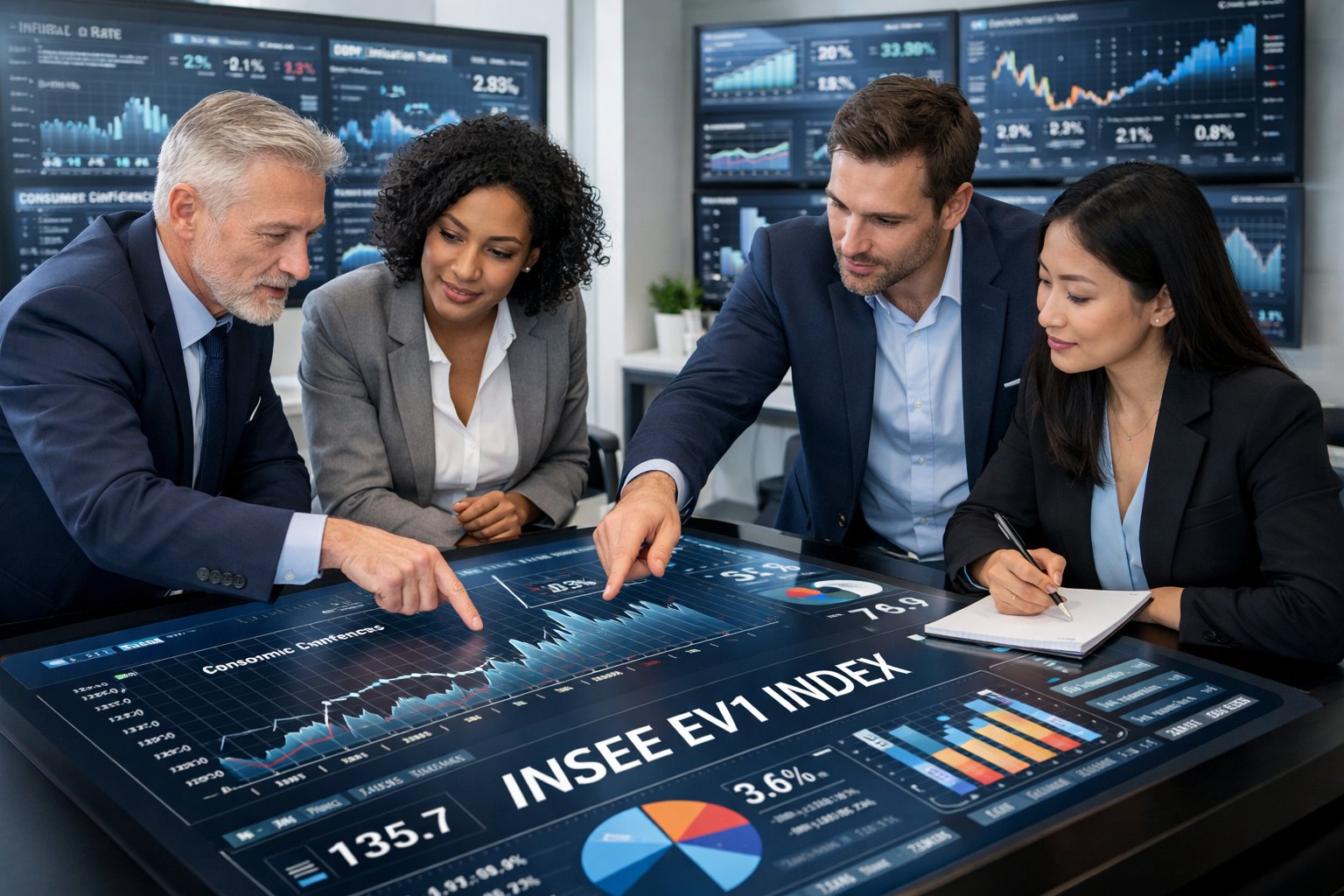 Des professionnels en réunion autour d'une table tactile affichant des graphiques économiques, travaillant ensemble dans un bureau moderne.