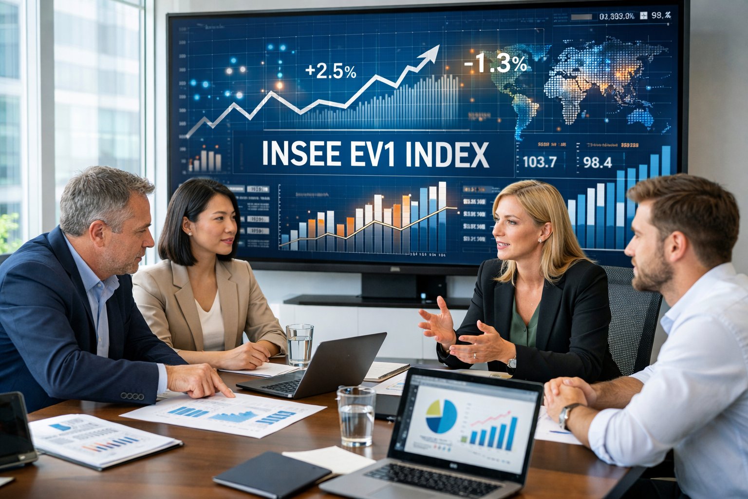 Des professionnels en réunion autour d'une table avec des ordinateurs et des graphiques, analysant des données économiques dans un bureau moderne.