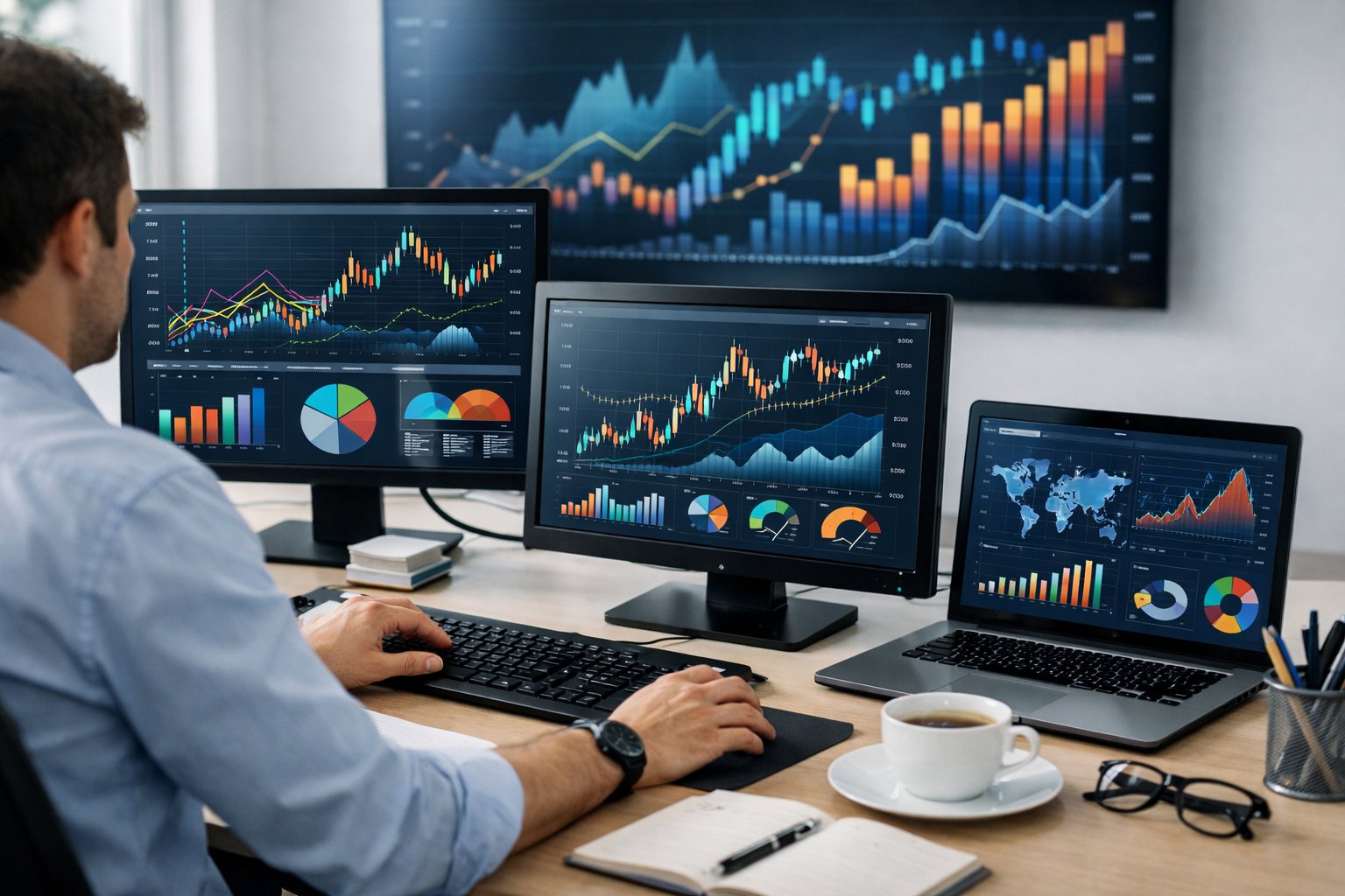 Personne analysant des graphiques et des données économiques sur plusieurs écrans dans un bureau moderne.