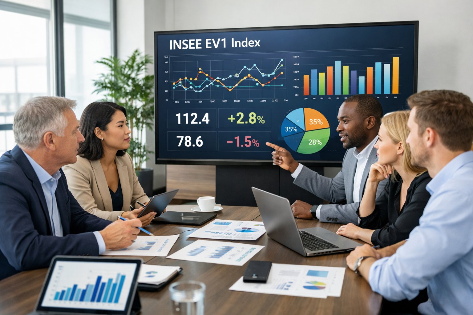 Un groupe de professionnels en réunion autour d'un écran affichant des graphiques et des données statistiques dans une salle de conférence moderne.