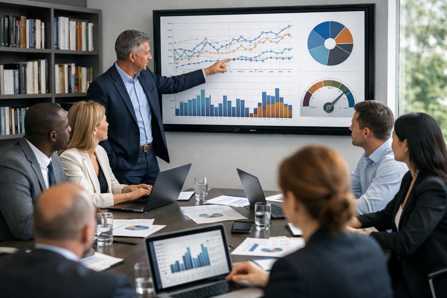 Un groupe de professionnels en réunion dans un bureau moderne, analysant des graphiques et des données sur des écrans et des documents.