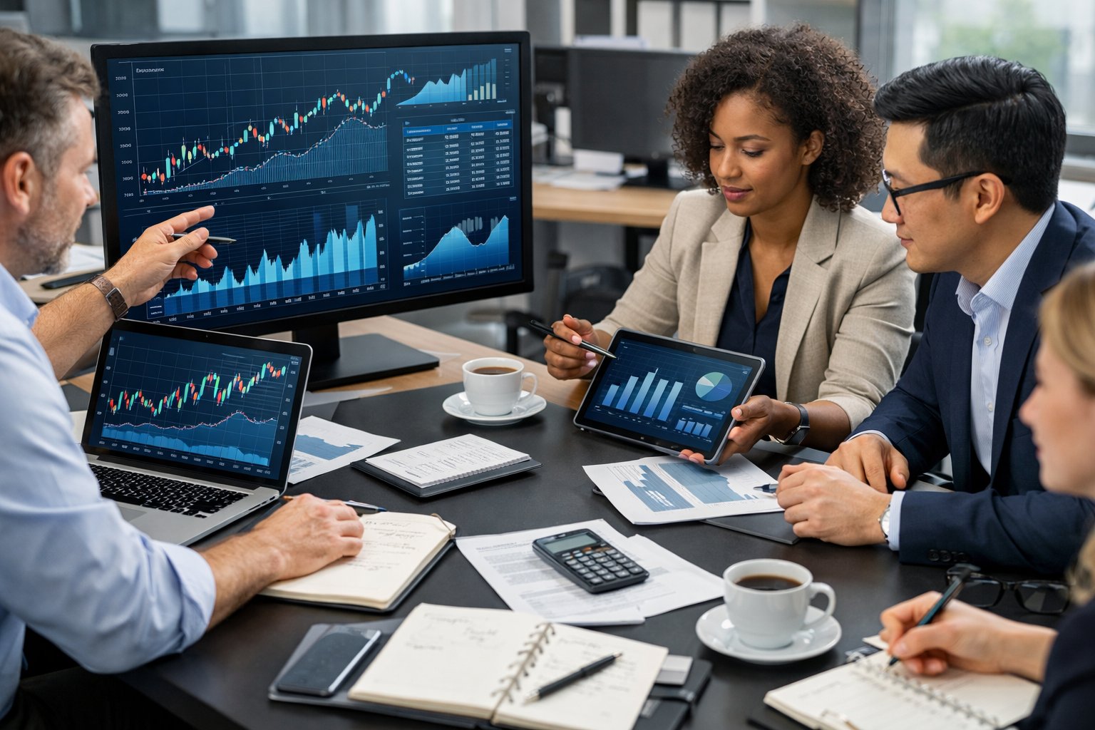 Des professionnels en réunion dans un bureau, analysant des graphiques financiers sur des écrans pour calculer la révision des prix.