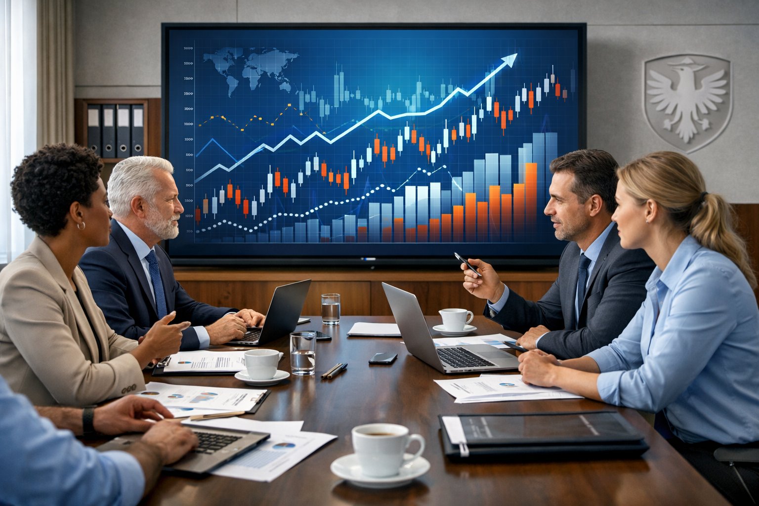 Un groupe de professionnels en réunion autour d'une table avec des graphiques financiers affichés sur un grand écran dans une salle de conférence moderne.