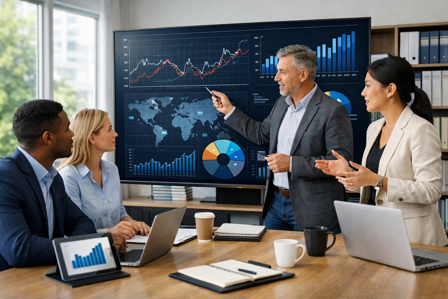 Un groupe de professionnels en réunion dans un bureau moderne, analysant des graphiques financiers sur un grand écran.