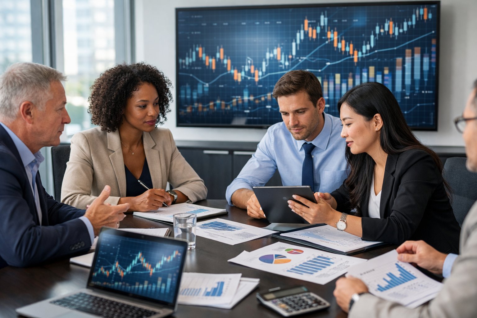 Des professionnels en réunion autour d'une table de conférence avec des ordinateurs et des graphiques, discutant de données économiques dans un bureau lumineux.