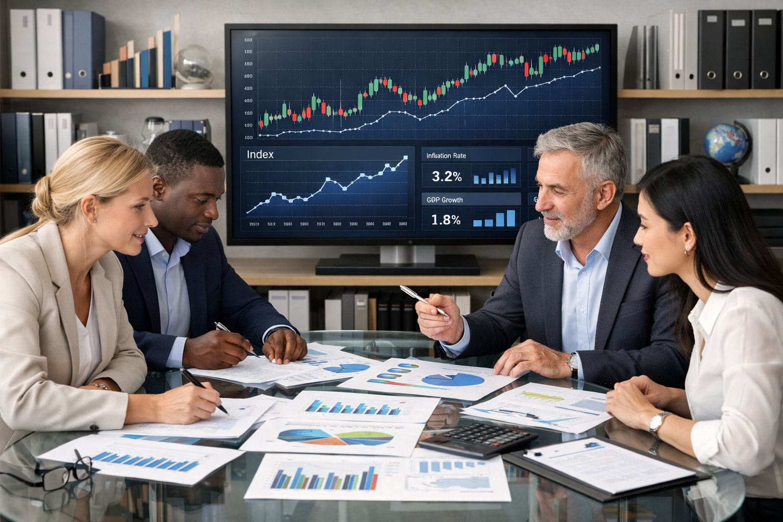 Un groupe de professionnels en réunion autour d'une table avec des graphiques et des documents financiers, analysant des données économiques sur un écran d'ordinateur.