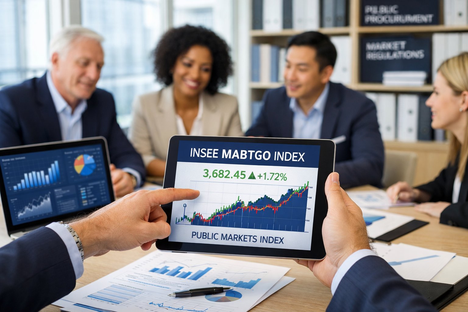 Un groupe de professionnels en réunion autour d'une table avec des documents et un ordinateur portable affichant des graphiques financiers.