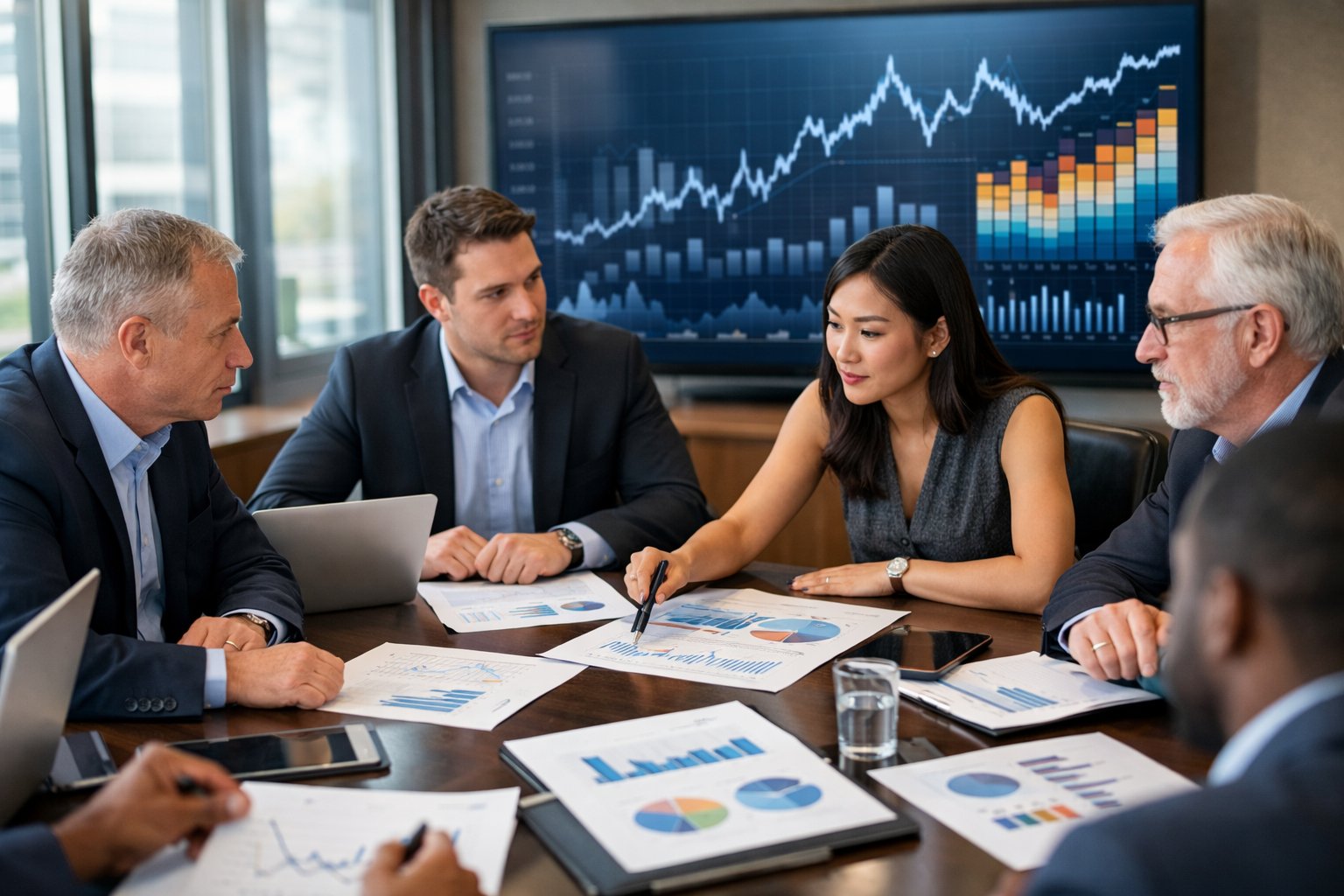 Des professionnels en réunion autour d'une table avec des graphiques et des appareils électroniques, discutant de données économiques dans un bureau lumineux.