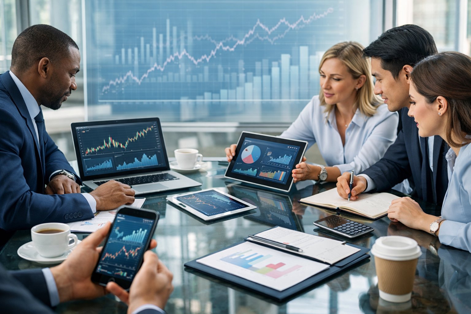 Des professionnels en réunion autour d'une table de travail avec des appareils numériques affichant des graphiques économiques, dans un bureau moderne et lumineux.