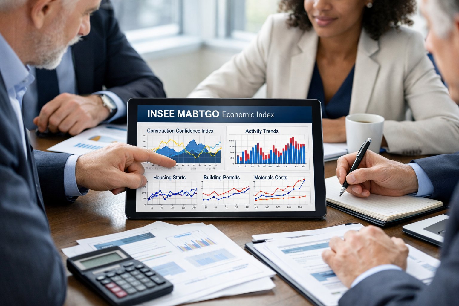 Un groupe de professionnels en réunion autour d'une table avec des graphiques financiers affichés sur un écran numérique, discutant de l'analyse économique.