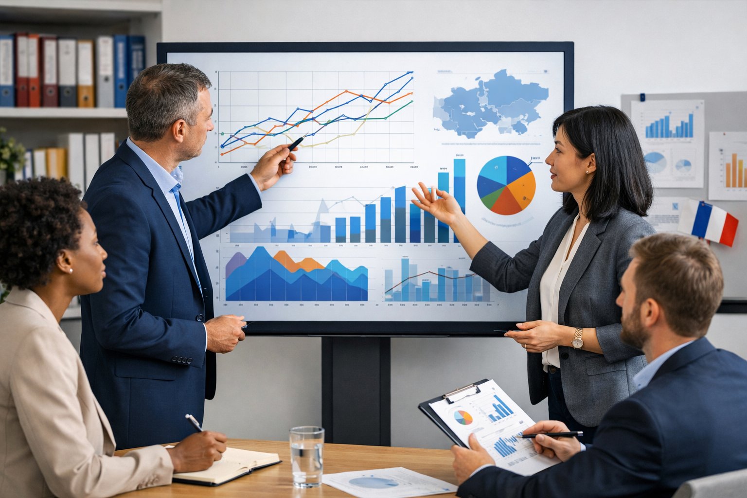Des professionnels discutant autour d'un écran affichant des graphiques et des données économiques dans un bureau moderne.