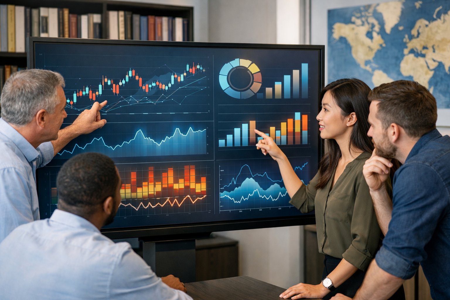 Des professionnels en réunion autour d'un écran tactile affichant des graphiques économiques, travaillant ensemble dans un bureau moderne.